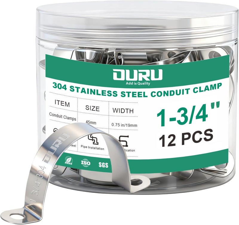 ORU 12pcs 1-3/4 Inch Conduit Clamp 304 Stainless Steel, Rigid Metal Pipe Clamp U Bracket, 2 Holes Pipe Strap for Automotive, Wire & Tube - Image 1